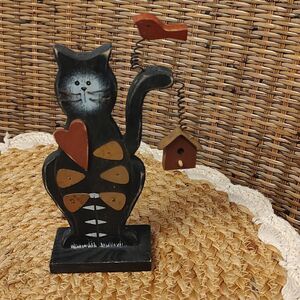 Wooden Folk Art Black Cat Figurine Statue